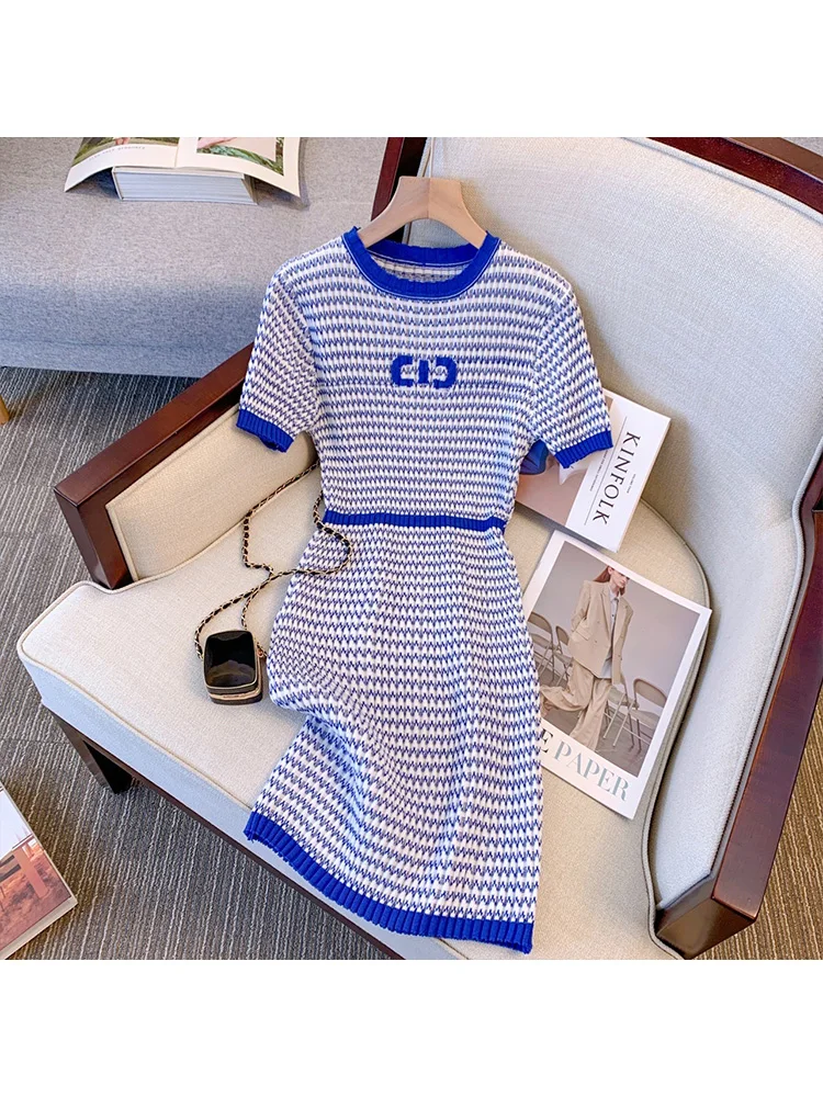 2023 Summer Vintage Short Sleeve O-neck Striped Blue Dresses Women\'s Elegant Classic Office Lady A-Line Ladies Slim Fit Dress