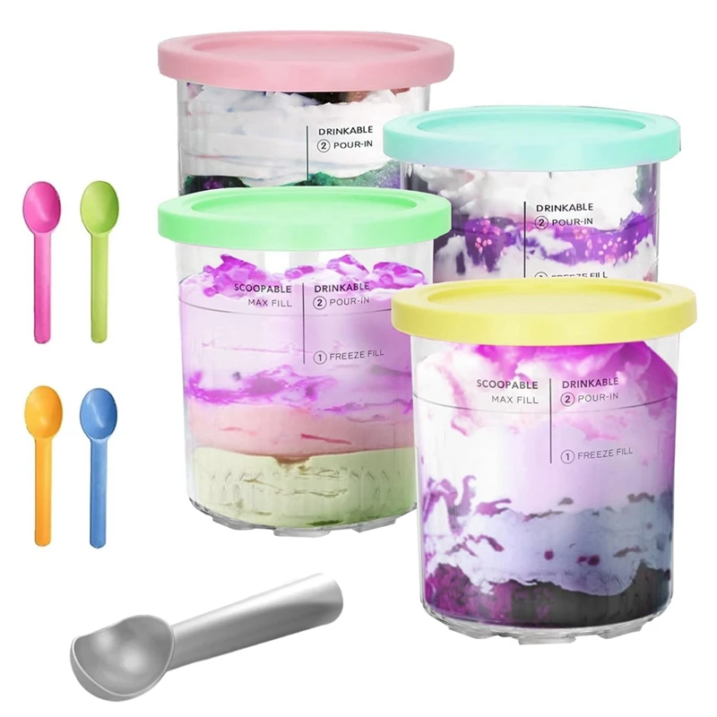 SEWS-Ice Cream Containers Replacement For Ninja Creami Pints And Lids 24Oz Cups Creami Deluxe NC501 NC500 Series With Scoops