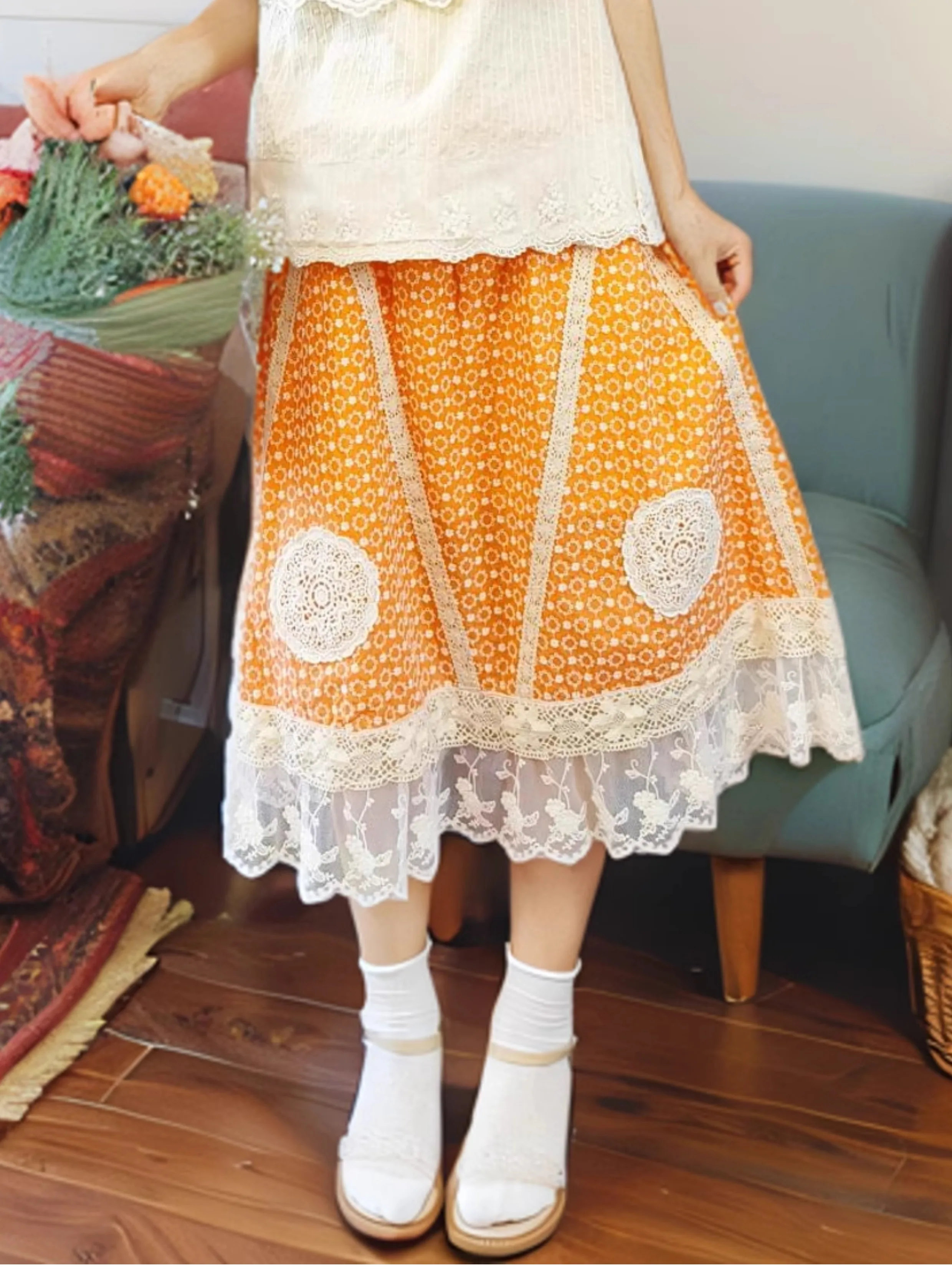 

Japanese Sweet Mori Girl Lace Hem Patchwork Skirt Women Summer Elastic Waist French Vintage Kawaii Cute Long Skirts