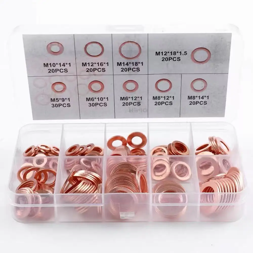 

200PCS M5-M14 Solid Copper Sealing Washers Assortment Kit, Automotive Oil Seal Flat Gasket Hardware Storage Box