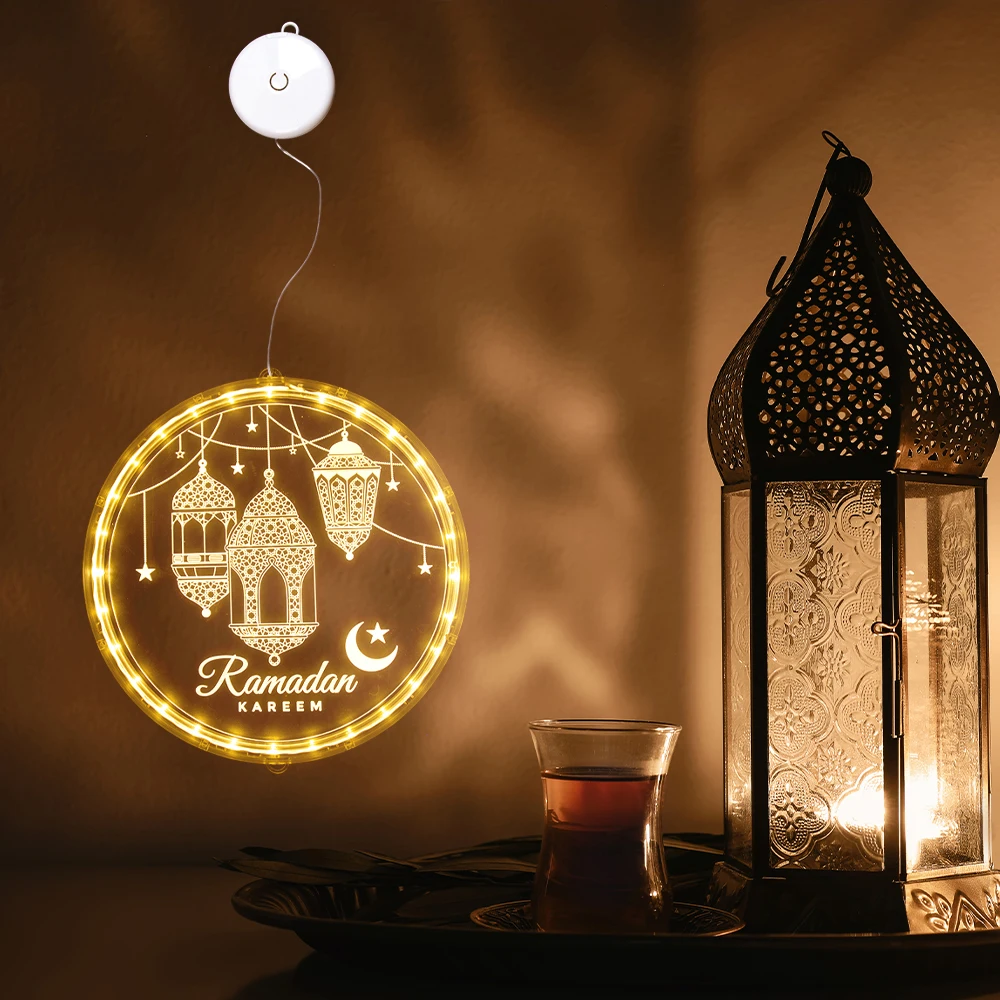 12.5cm Diameter Ramadan Eid Mubarak LED Lights Eid al-Fitr Moon Night Lights Ramadan Mubarak Hanging Lamp for Window Wall Decor