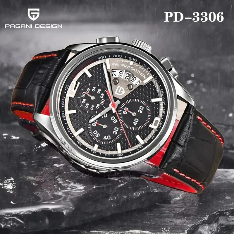 Gift Ready Pagani Design Chronograph Quartz Watch Waterproof Black Leather Bracelet Black Dial Sports Business Men Wristwatch