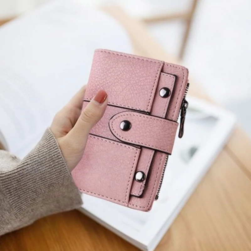 Retro Frosted Women Wallets PU Leather Female Purse Multicard Slot Change Short Wallet Lovely Trendy Card Holder Zipper Hasp