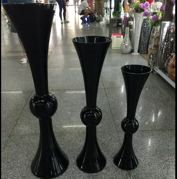 

Black glass vase wedding road lead high feet transparent flower arrangement oversized hotel lobby European soft decoration