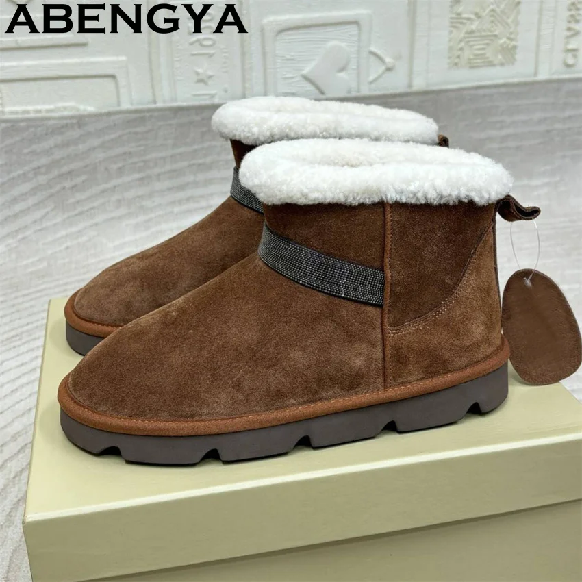 

ABENGYA 2025 Winter Suede Leather Snow Boots Women Wool Inside Round Toe Flats Ankle Boots Winter Casual Punk Short Boots Woman
