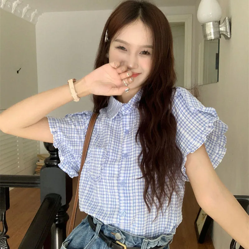Women Clothing Plaid Turn-down Collar Single Breasted Shirts Summer Vintage Casual Ruffles Preppy Style Short Sleeve Top