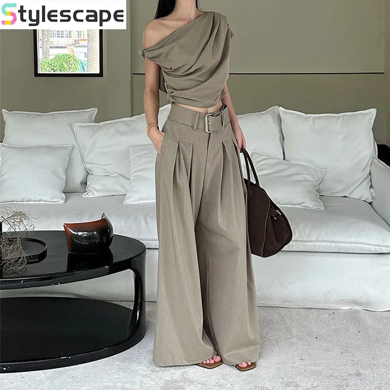 

Apricot Irregular Strapless Wide Leg Pants Set, Women's Fashion Design Sense, Top Temperament, Suit Pants Two-piece Set