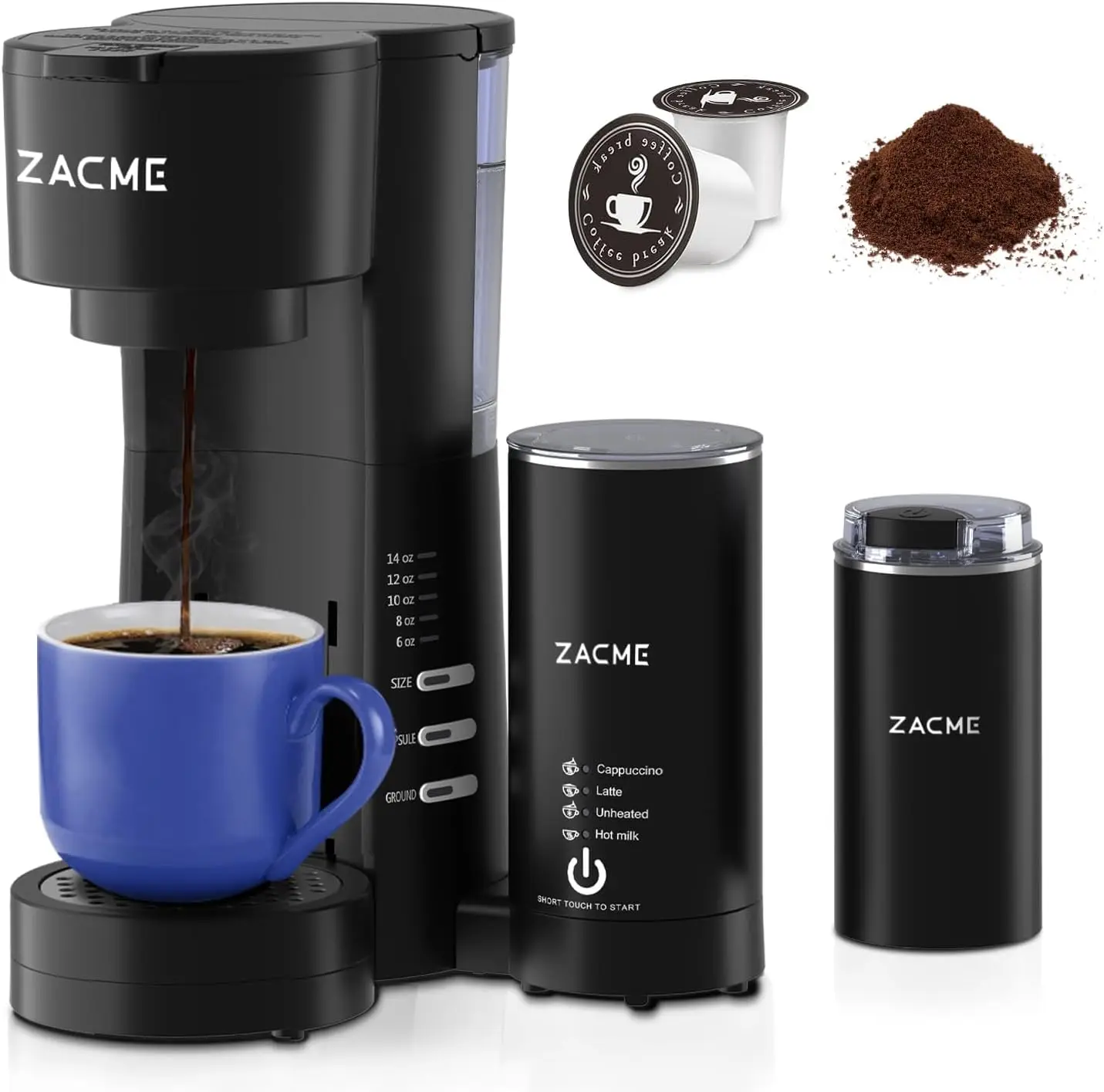 

Кофеварка 4IN1 для чашки K и молоти, со вспенивателем и кофемолкой, 5 размеров заваривания, резервуар на 28 унций, регулируемый лоток