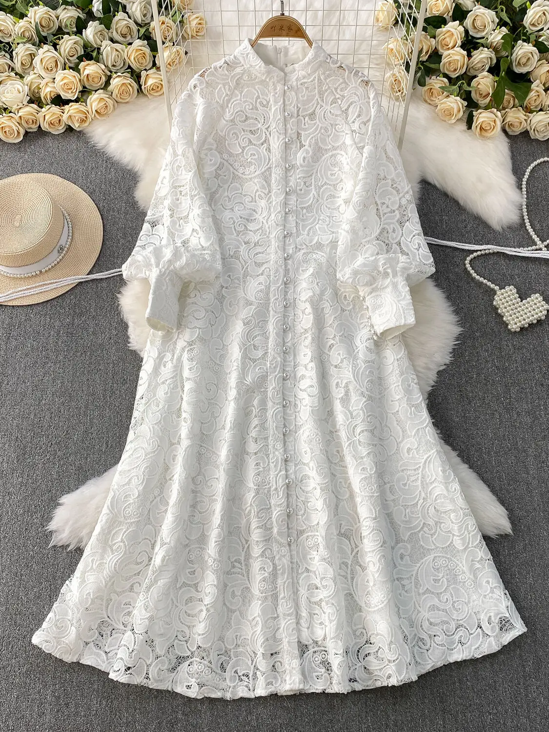 Embroidered Formal Luxury Lace Evening Dress Women Stand Collar Single-Breasted Pearl Lantern Long Sleeve Prom Party Dresses