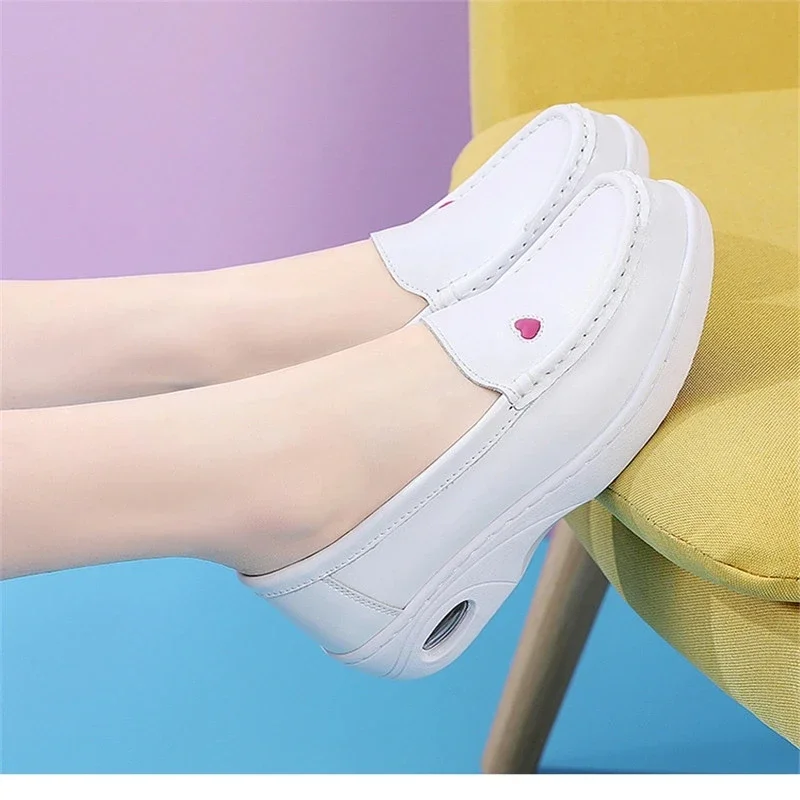 New Women Flat Leather Shoes Casual White Wedge with Soft Bottom Slip on Love Heart Comfortable Mom Nurse Work Shoes