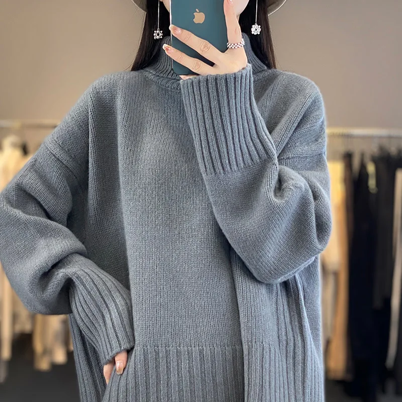 

Turtleneck Cashmere Sweater Women 2023 Autumn/Winter New 100% Pure Wool Sweater Ladies Knitting Loose Large Size Pullover Female