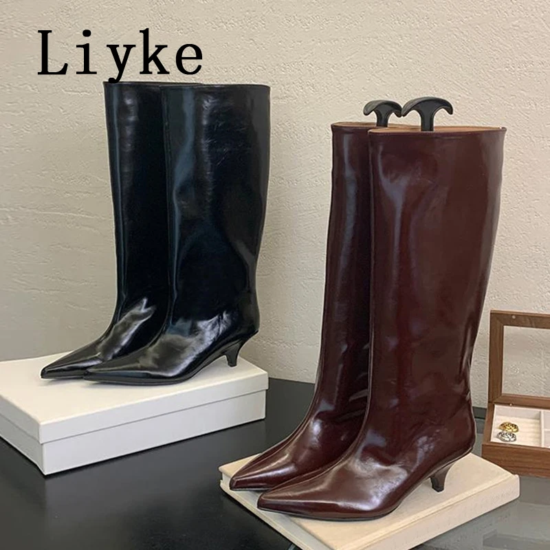 Liyke Winter Street Style Cosy Pointed Toe Woman Knee-High Boots Slip-On Low Thin Heels Shoes Female Long Booties Zapatos Mujer