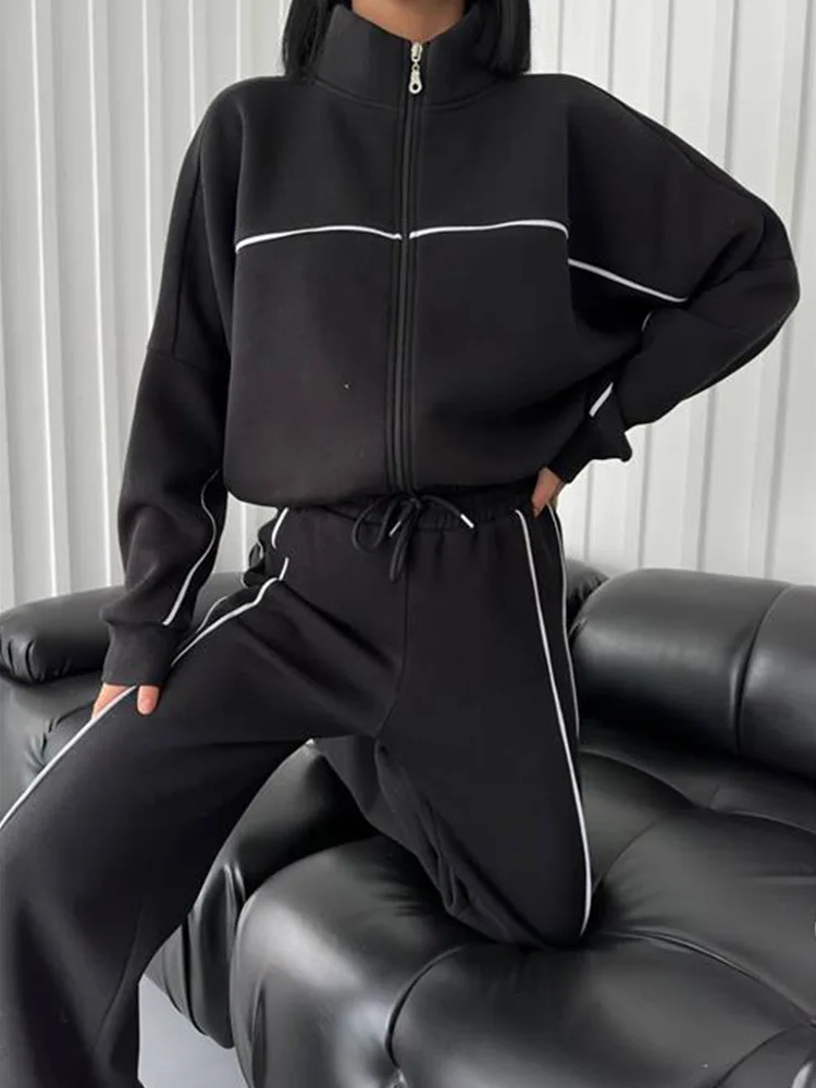 

Women's Sporty 2pcs Pants Sets New Long-sleeved Half-turtleneck Cardigan Hoodie Lace-up Striped Outdoor Casual 2 Piece Clothing