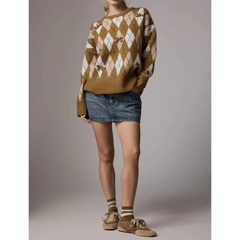 

Combhasaki женский осенне-зимний вязаный свитер с длинными рукавами и круглым вырезом с декором в виде банта Y2k винтажный клетчатый трикотажный джемпер топы