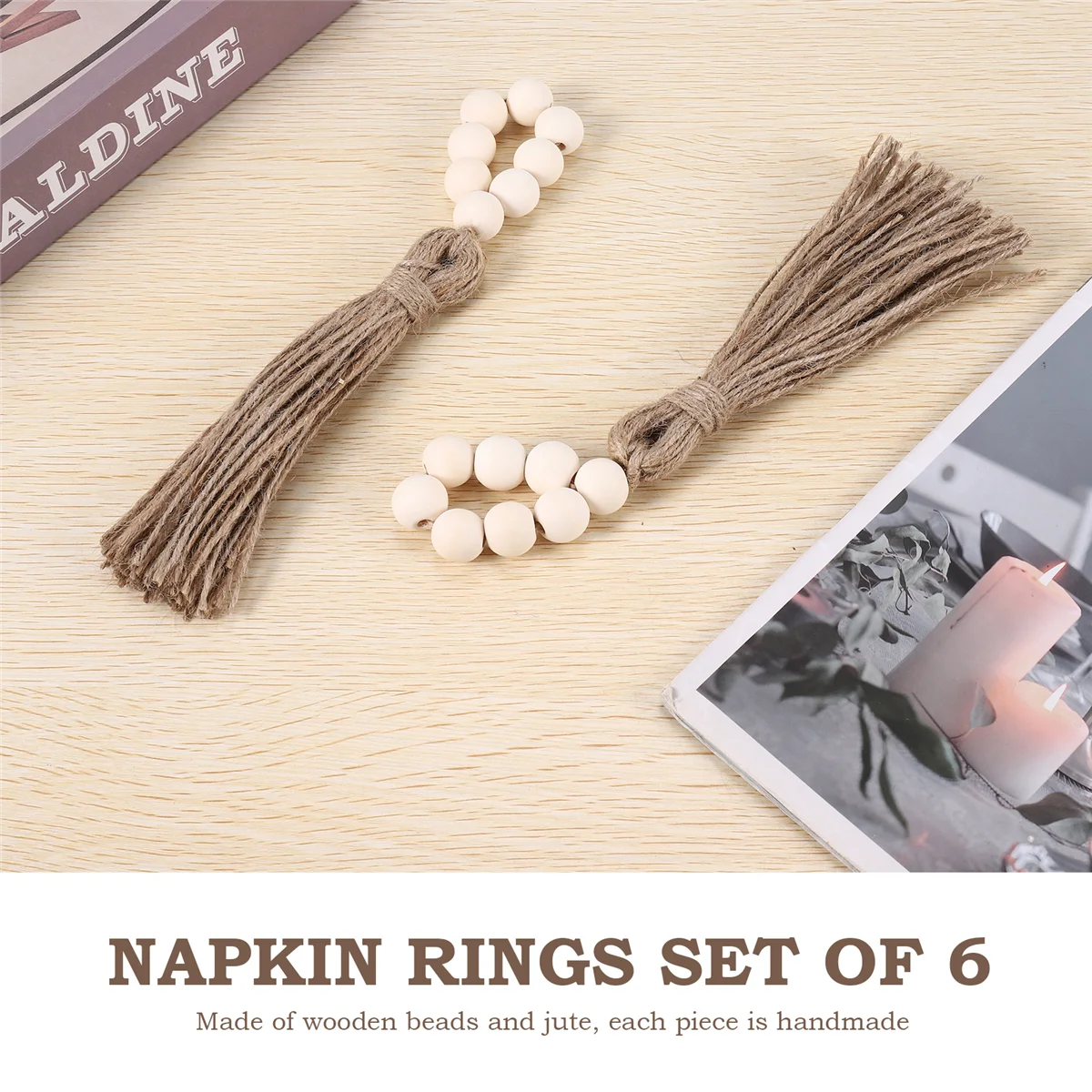 Juego de 6 servilleteros de madera con cuentas, con ajuste de mesa, accesorios para decoración de boda, servilletero de estilo Natural