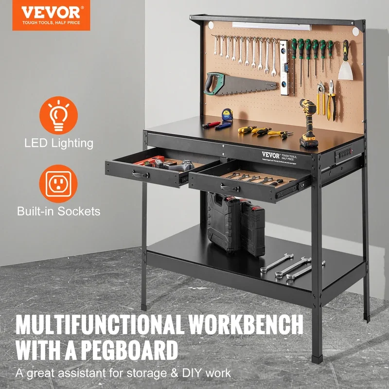 2000lbs Hardwood Workbench Heavy Duty Oak Plank Work Table Carbon Steel with 3m Cable 30 Hooks for Garage Office Workshop