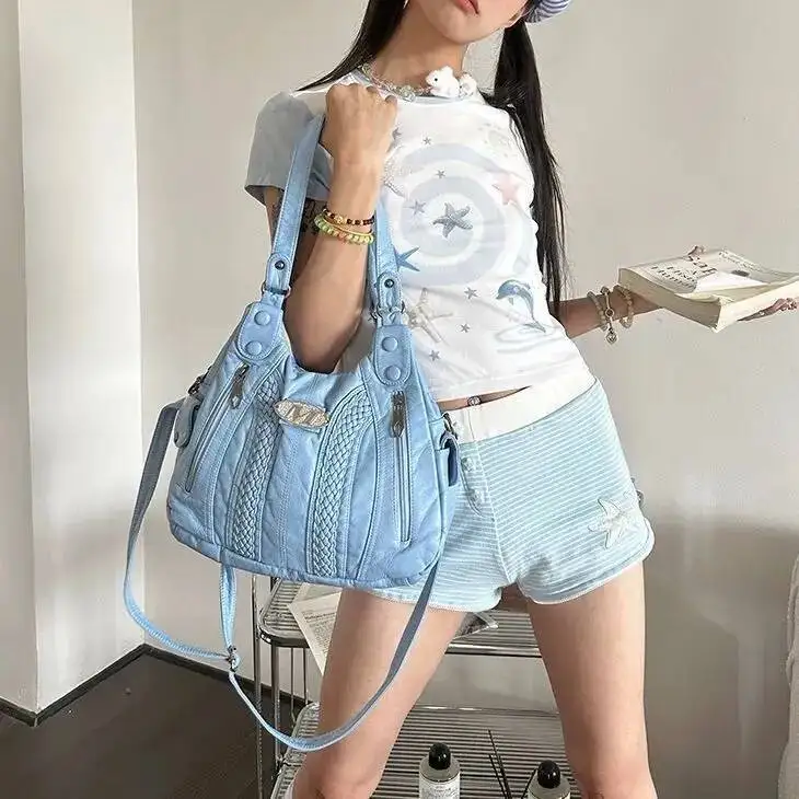 Bloom Hot Girls Blue Shoulder Bags Women Retro Leather Large Capacity Y2k Handbag Female Vintage Messenger Tote Bag Aesthetic