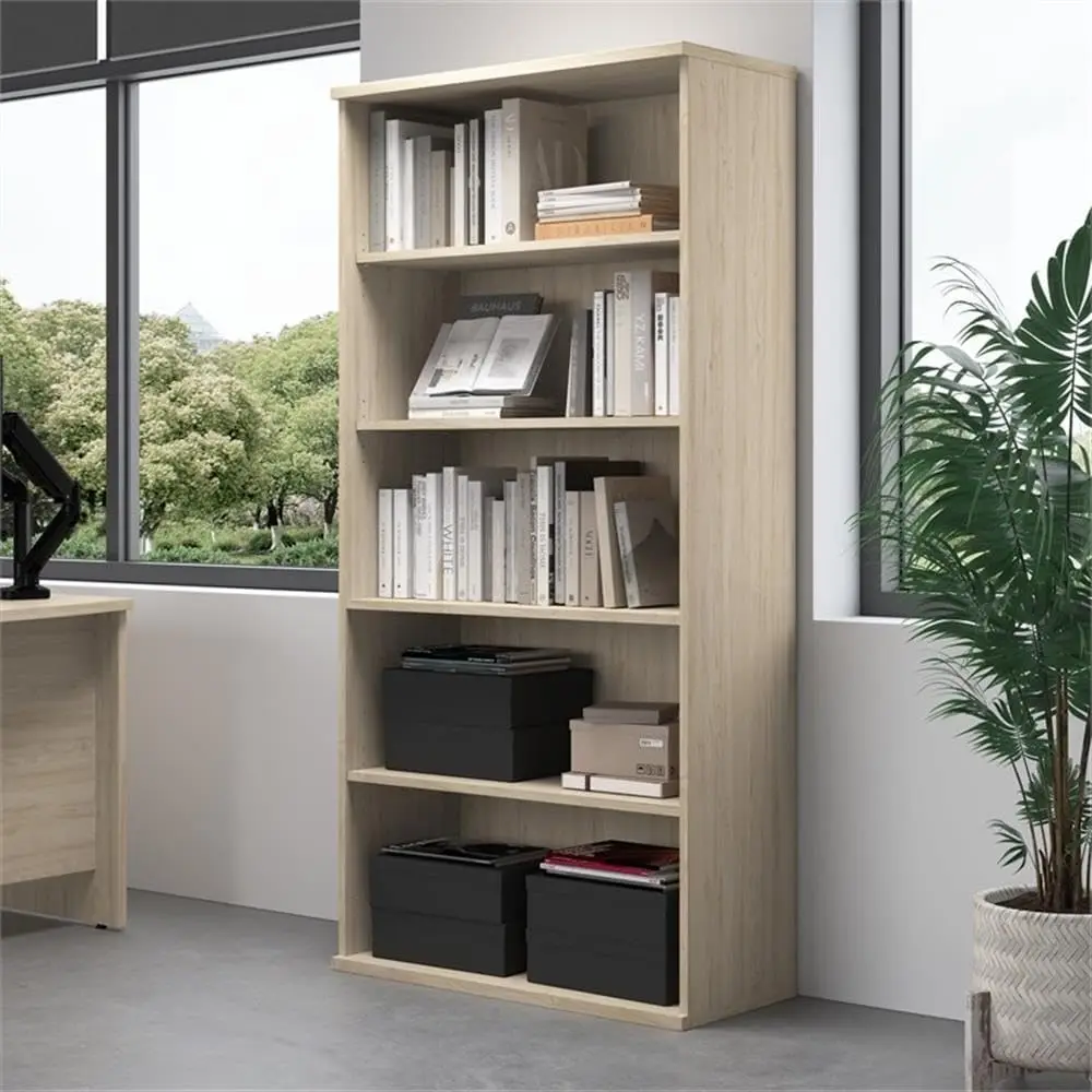 Studio C Tall 5 Shelf Bookcase In Natural Elm, Large Bookshelf For Home Or Professional Office