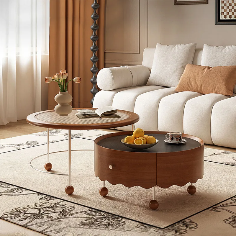

French retro solid wood coffee table combination household antique small apartment round living room American light luxury retra