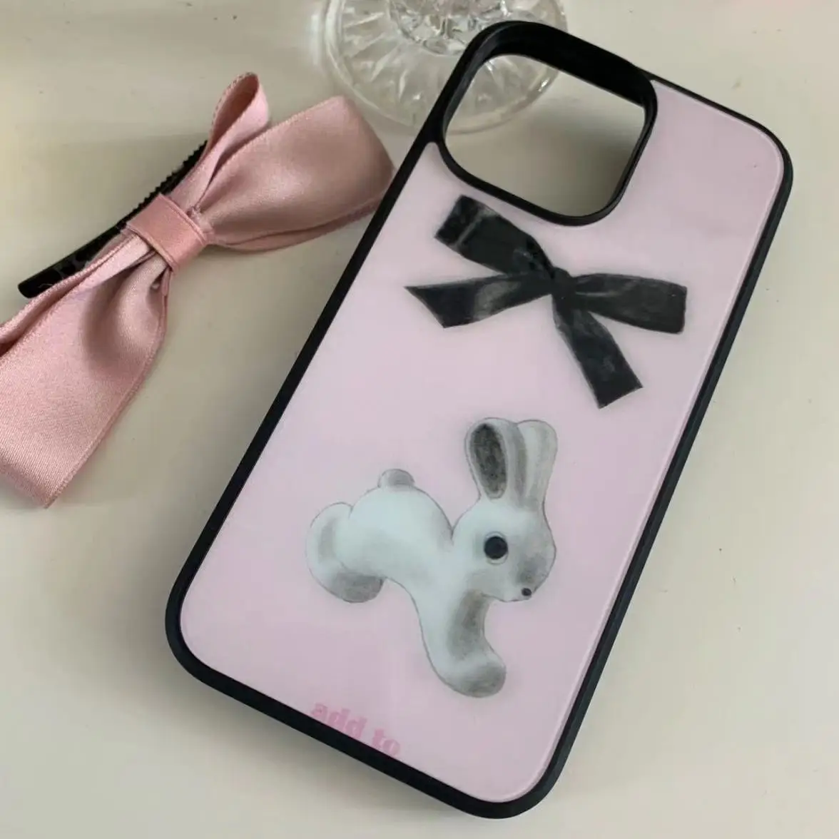 Funda de teléfono de conejo Rosa Kawaii coreano para IPhone 14 11 12 13 Pro Max, funda de teléfono de dibujos animados con lazo de moda para IPhone XR XS MAX