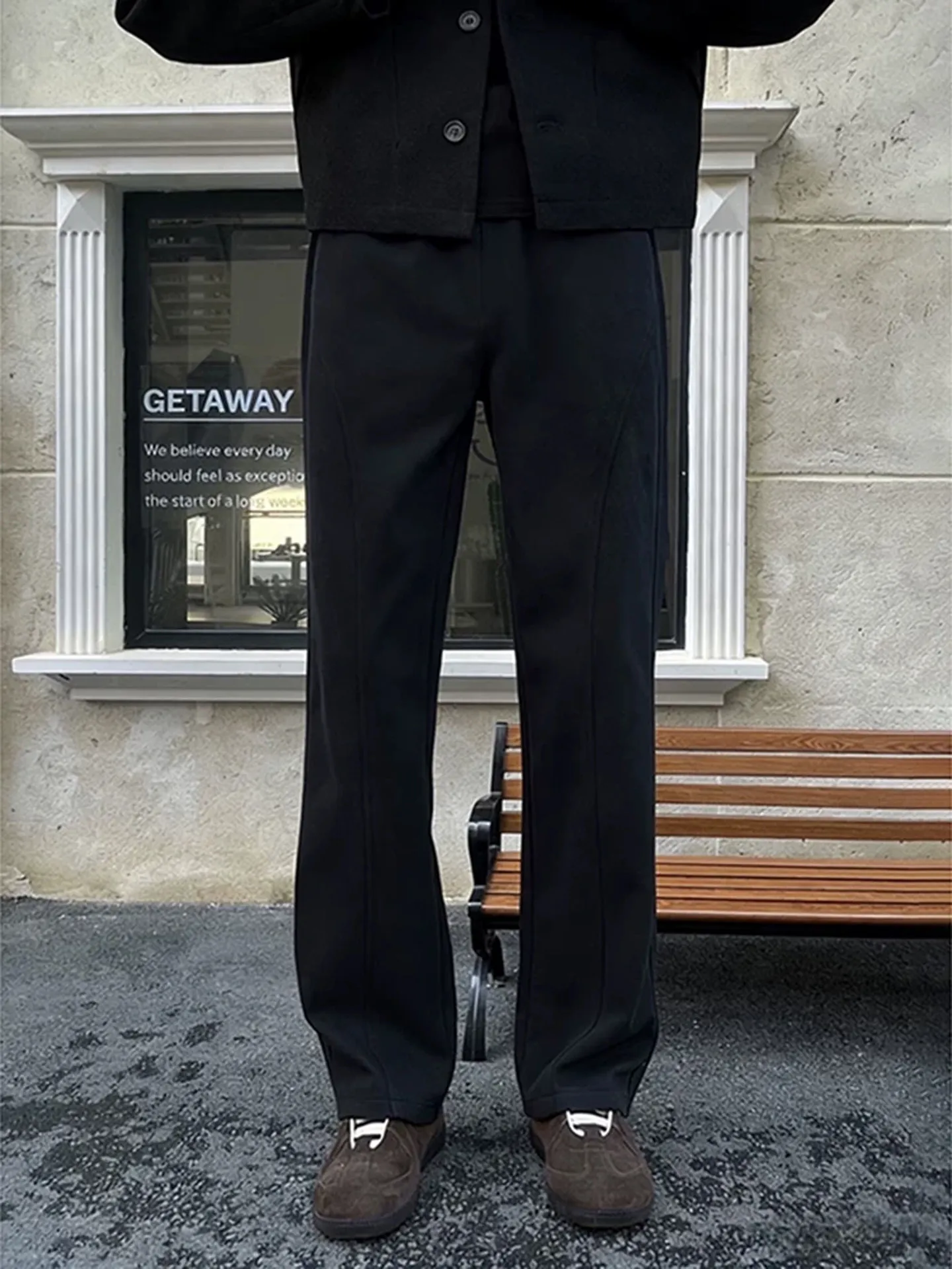 

Black Fleece Lined Straight Leg Casual Pants Men's Winter Trousers Visual Lengthening High Waist Loose Fit Sports Style