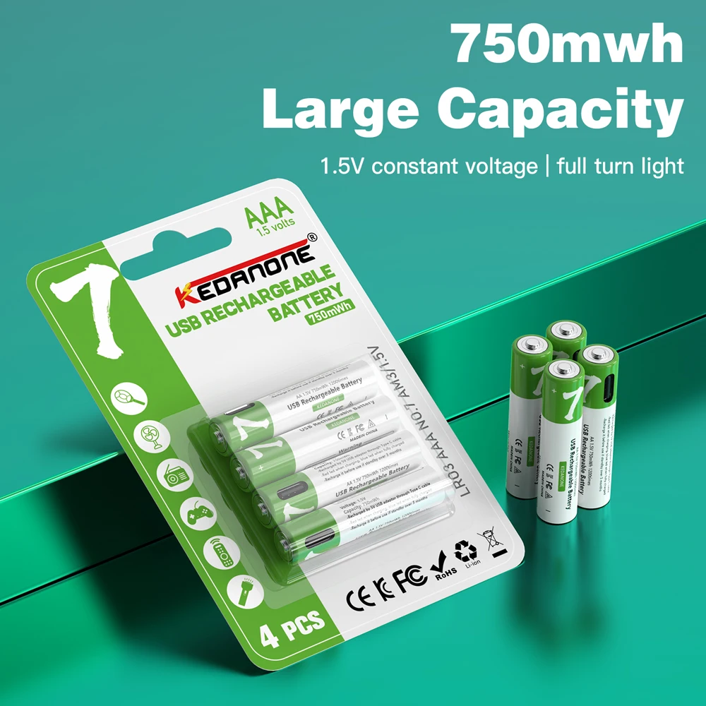 

4PCS AAA USB 1.5V 750mWh Rechargeable Li-ion Battery + USB Charging Cable For Toy Mouse Remote Control Clock Shaver