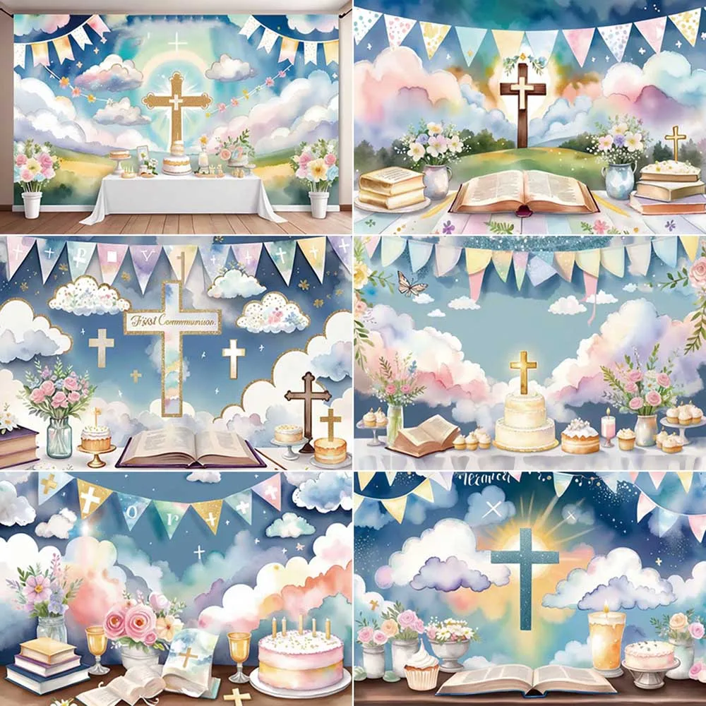 

MOON.QG Holy First Communion Backdrop Photography Cross Dessert Gold Bless Photozone Background Child Studio Photobooth Supplies