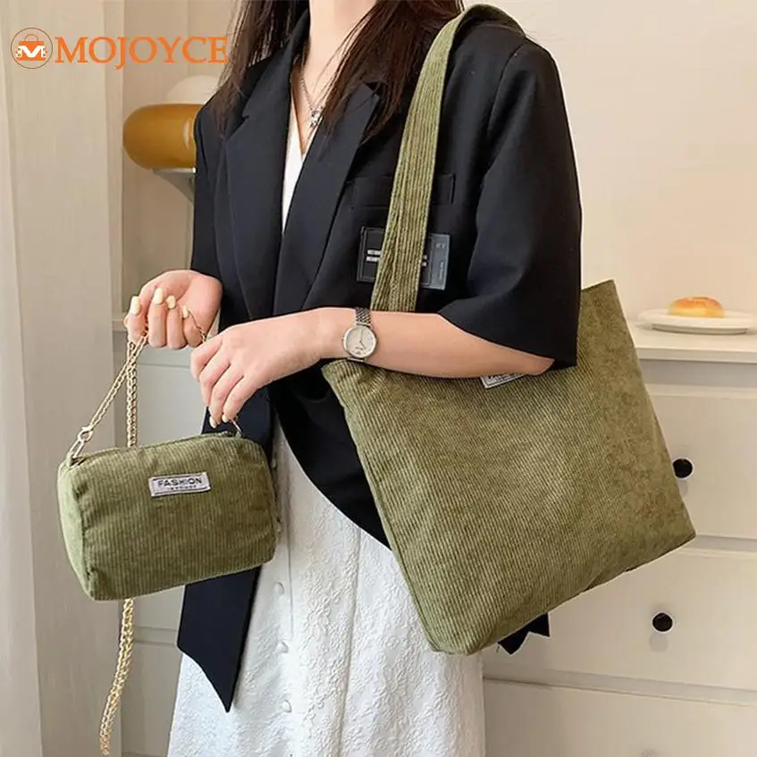 2pcs/set Women's Corduroy Chain Clutch Large Capacity Solid Commuting Bag for Ladies Versatile Tote Handbag Casual Shoulder Bags