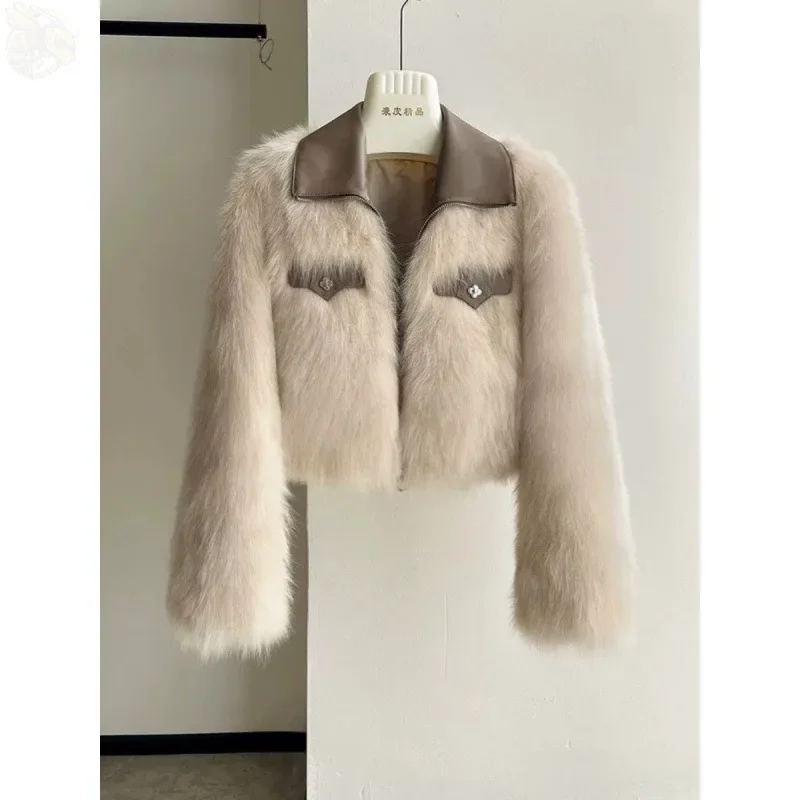 الربيع والخريف شيك تقسم التلابيب معطف الفرو فضفاض النساء الملابس رمادي فاتح تقليد الثعلب الفراء أفخم سترات قصيرة النساء بلايز
