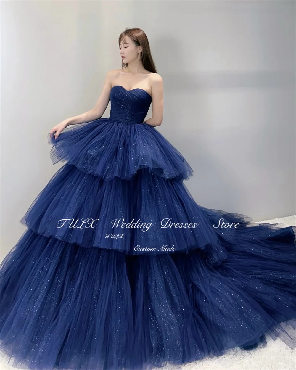 TULX Luxuriöses glitzerndes Tüll-Abendkleid, Korea, Hochzeit, Fotoshooting, blau, herzförmig, langes, gestuftes Partykleid, Korsett, individuell gestaltet, 2025