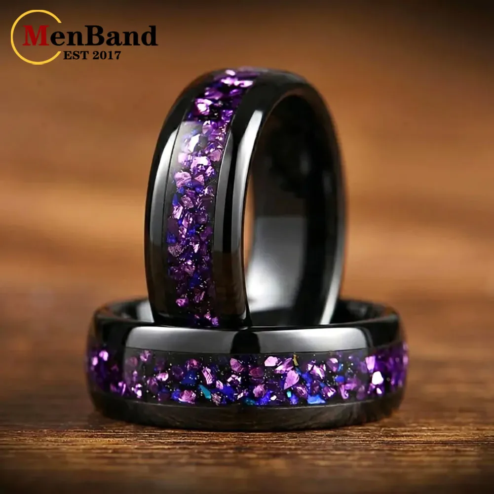 Hit Product 4/6/8mm Black Tungsten Carbide Ring Amethyst Nebula Inlay Wedding Band Polished Domed Comfort Fit Promise Ring
