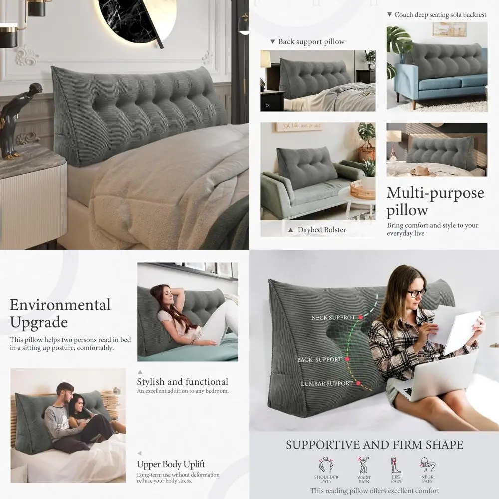 

King Size Bolster Pillow - Fully Stuffed, Thick Headboard Support, Soft yet Firm, Large Triangular Bed Wedge Cushion