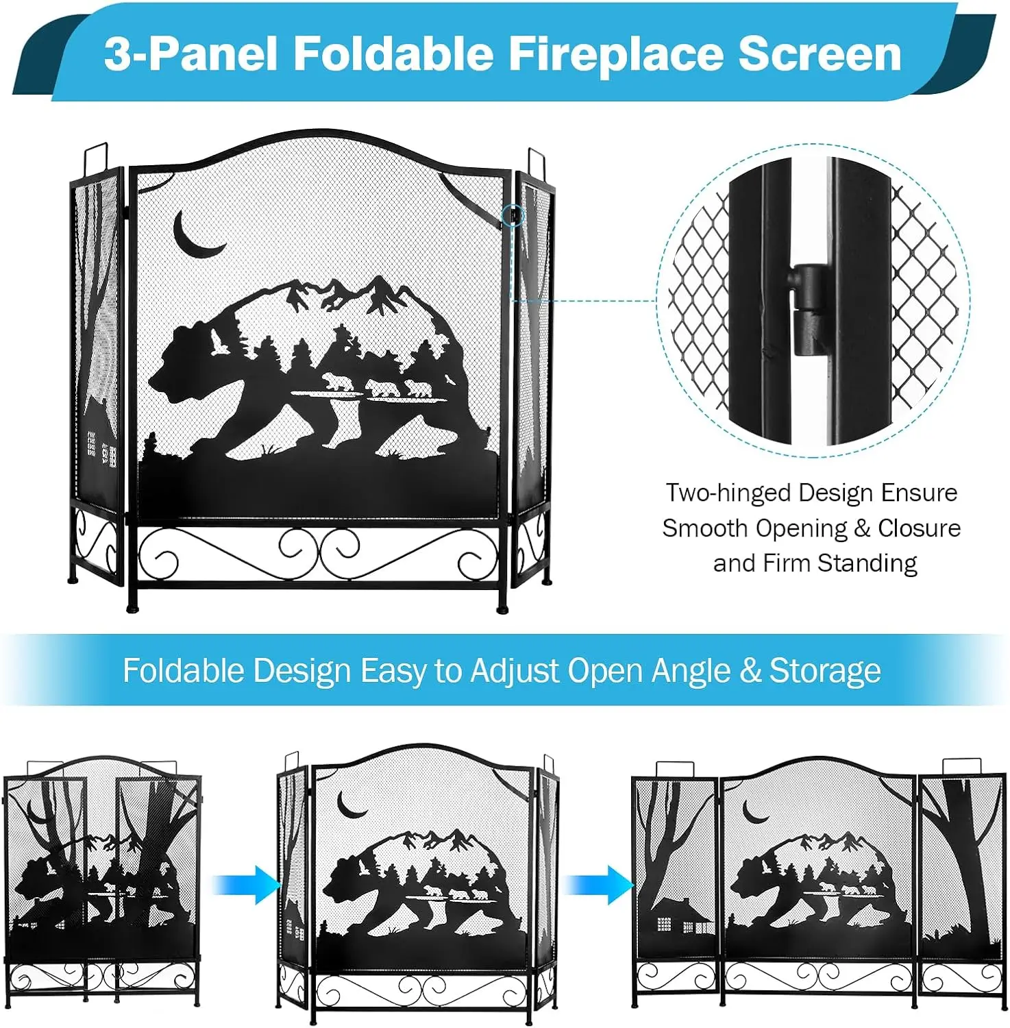 3-Panel Folding Fireplace Screens Decorative, 47.6