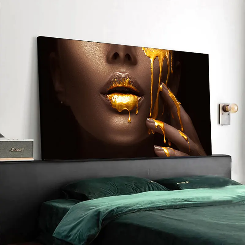 Large Size Black Women with Golden Sexy Lips Oil Paintings on Canvas Modern Wall Cuadros Pictures Home Living Roon Decor Unframe