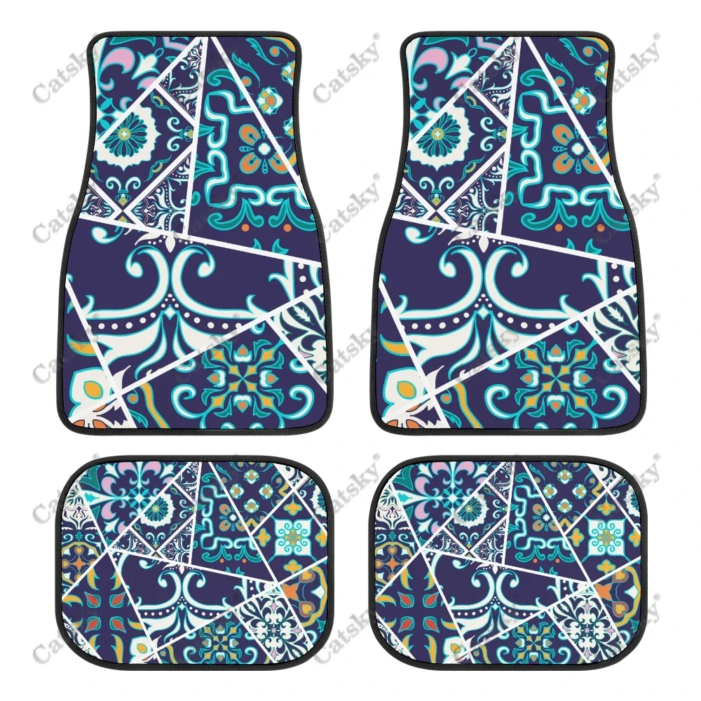 Geometric Mosaic Art Design Car Floor Mat Vintage Carpet Anti-Slip Rubber Mat Pack of 4 Auto Accessiores for Car SUV Van