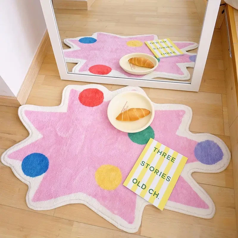 VIKAMA Pink Star Shaped Area Rug Colorful Polka Dot Print Soft Fluffy Non Slip Kids Bedroom Playroom Decor Floor Mat