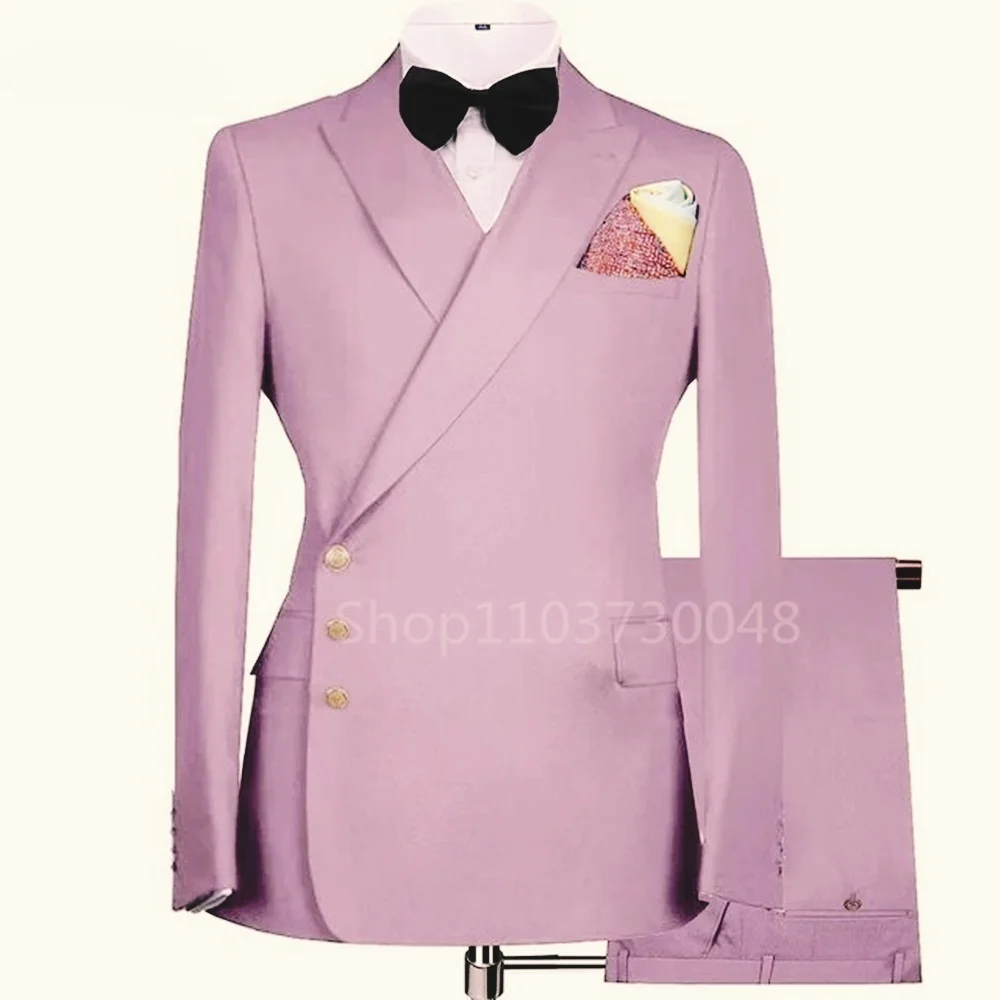 أنيقة الصلبة 2 قطعة الرجال سهرة رسمية الأعمال الزفاف العريس سترة مزدوجة الصدر مع الذروة التلبيب والسراويل