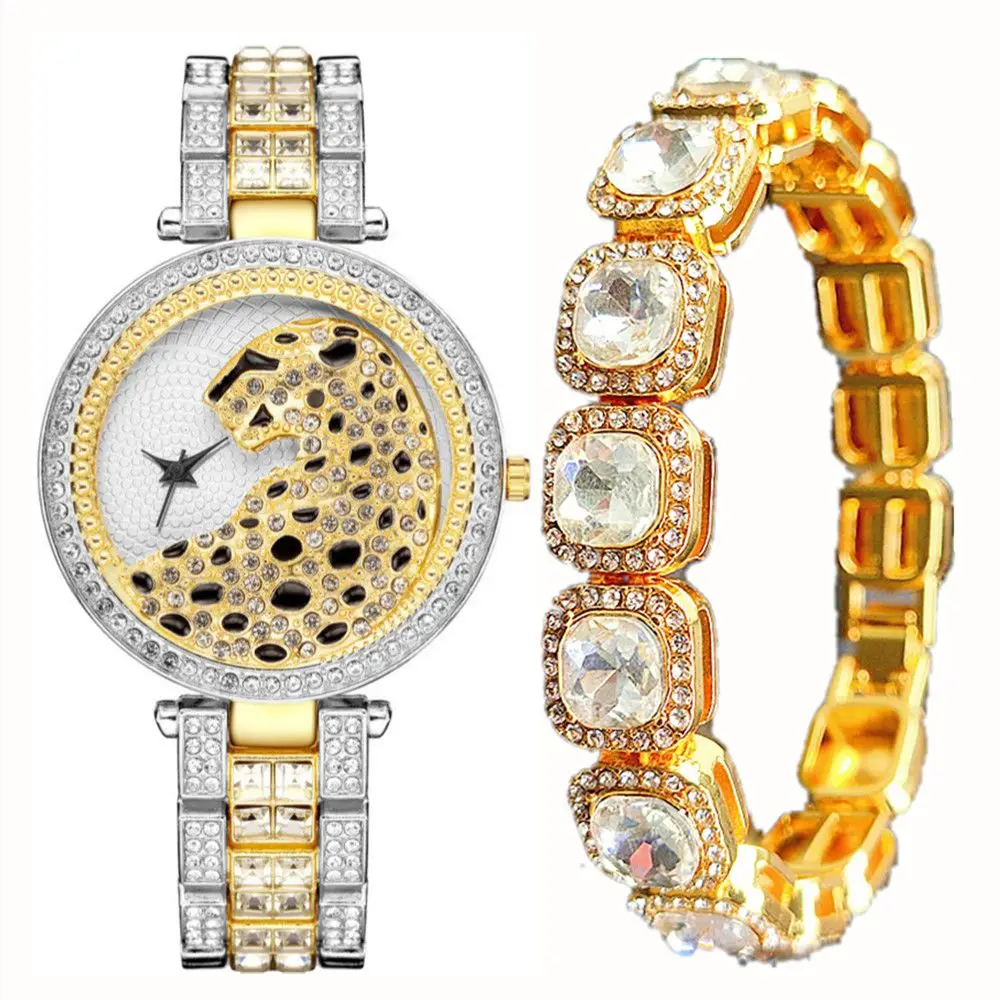 Ladies' cool European and American diamond encrusted watch bracelet with leopard dial quartz simple luxury gold watch for women