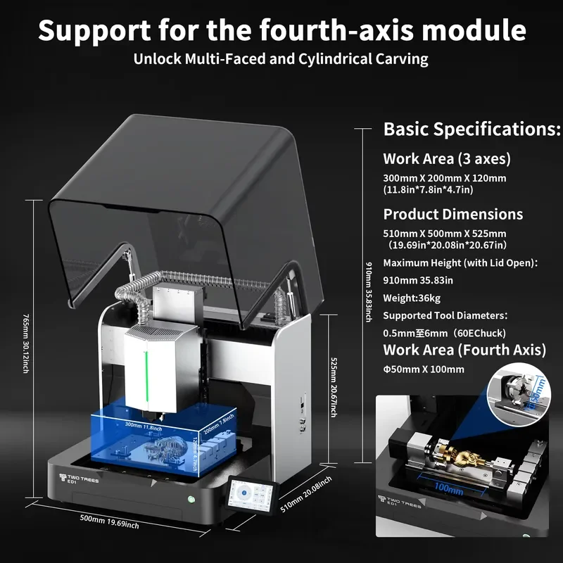 For ED1 3/4-Axis CNC Engraving Machine with ATC Fourth Axis Module 600W Spindle Motor Mach3 Compatible High Precision