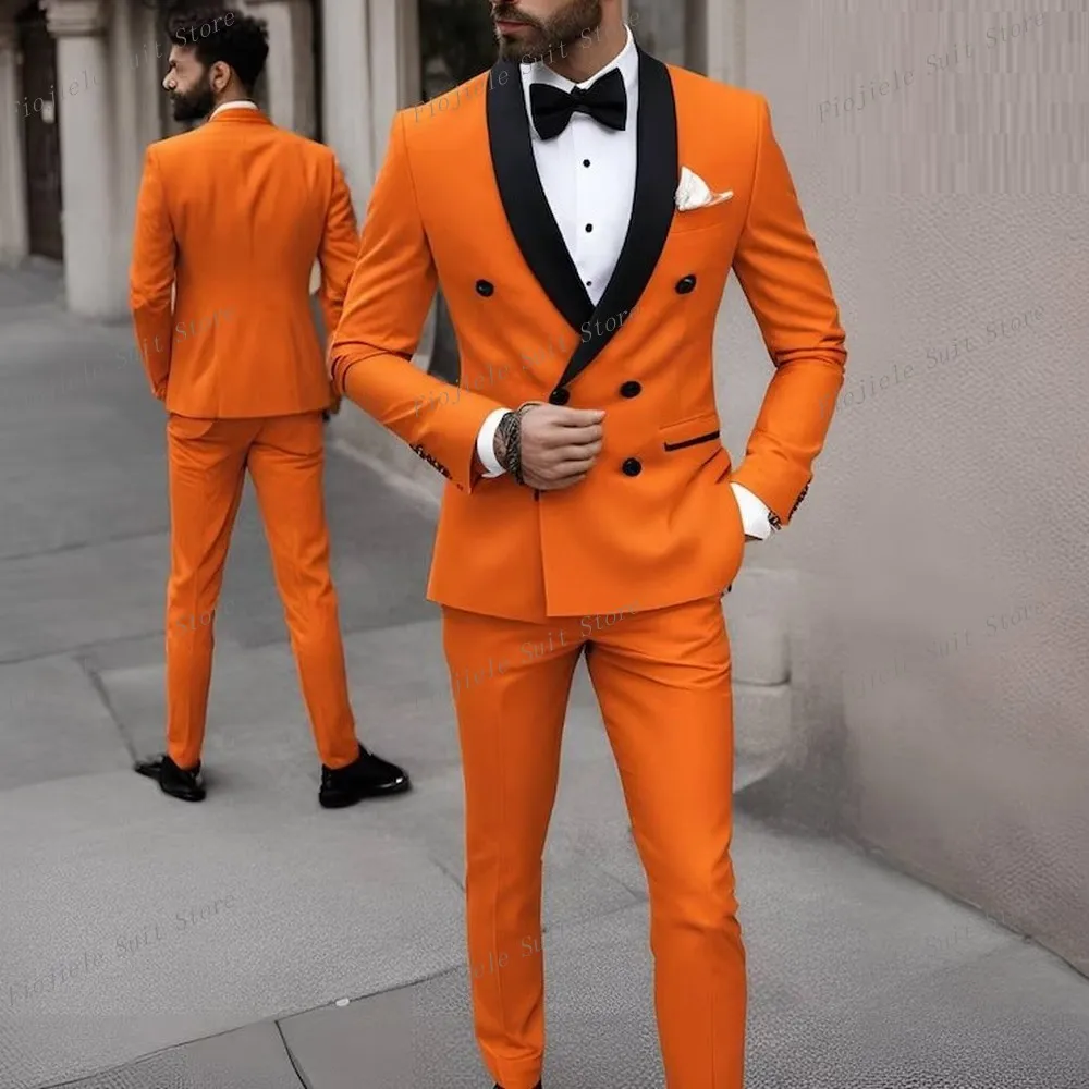 

Black Lapel Orange Men Formal Occasion Tuxedos Groom Groomsman Wedding Party Prom Male Business Suit 2 Piece Set Blazer Pants