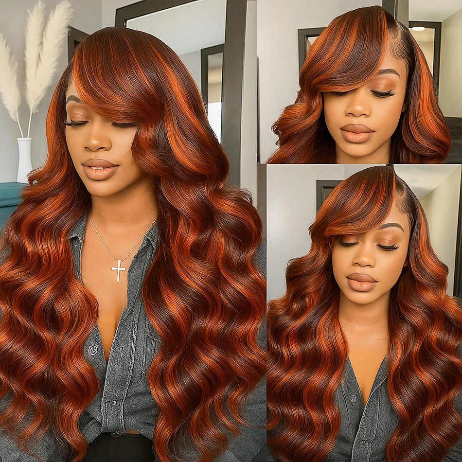 ボディウェーブ # 4/350 オンバージンジャー ブラウンハイライトウィッグ 30インチ 5x5 グルーレス ブラジリアンレミー プレプラッキング済み人毛ウィッグ 女性用