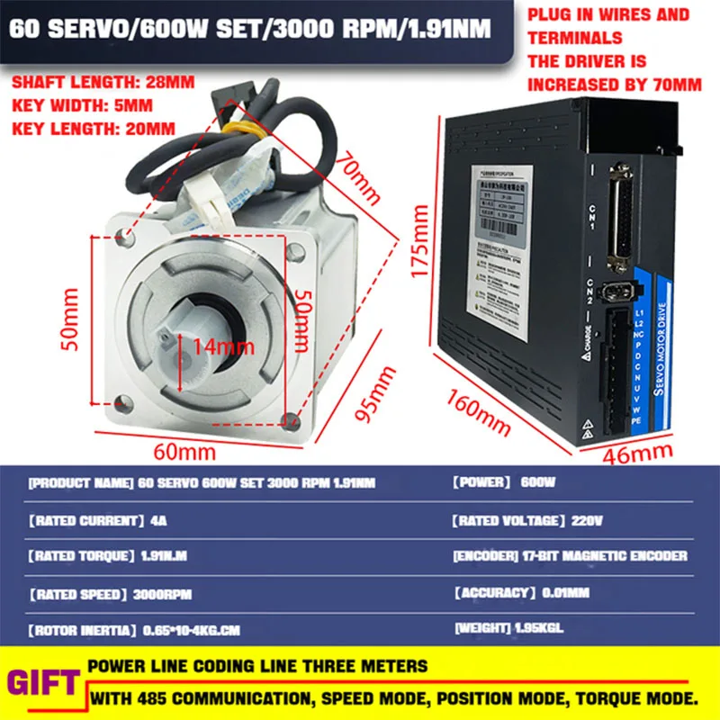 

60ST 600W 1.91N 220V Ac Servo Motor Kit With 17bit Magnetic Encoder + PS100 Driver With RS485 RS232 Communication CNC Engrave