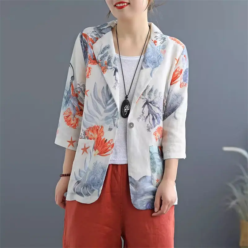 Cotton And Linen Shirt Casual Printing Women's 3/4 Sleeve Short Jacket Cardigan Versatile Top Spring Summer Blazer K2103