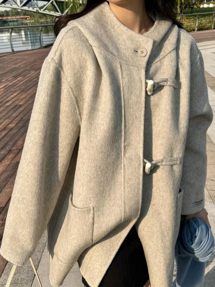 

Шикарное женское шерстяное пальто для колледжа с рогатым капюшоном, утягивающее зимнее моющееся женское пальто для верхней одежды