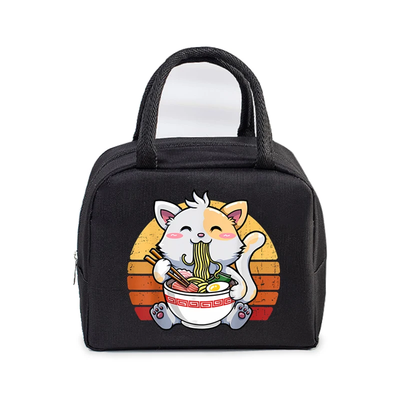 Ramen Cat Print Lunch Bag Men and Women Cartoon Style Kitten Graphics Bento Thermal Handbags Thickened Insulation Lunch Box Bag