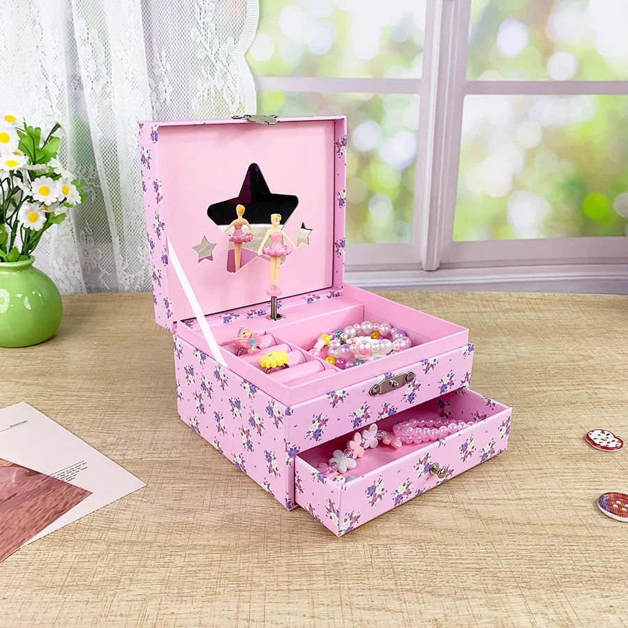 Hot New Arrival Pink Floral Ballerina Musical Jewelry Box Color Bead Shake Rattle Window Star Mirror Double Drawer Storage All H
