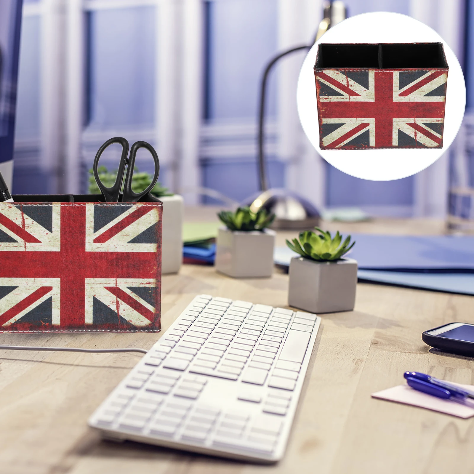 

1Pcs Retro PU Pen Holder Square Storage Box Desk Organizer Office Supplies Container Flag Pattern Desktop Stationery