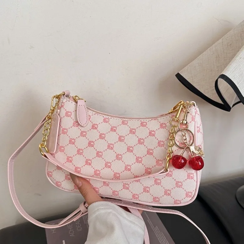 Sweet Cherry & Pink Monogram Shoulder Bag Trendy Mini Underarm Purse for Women, Perfect for Casual Dating & Daily Stylish Outfit