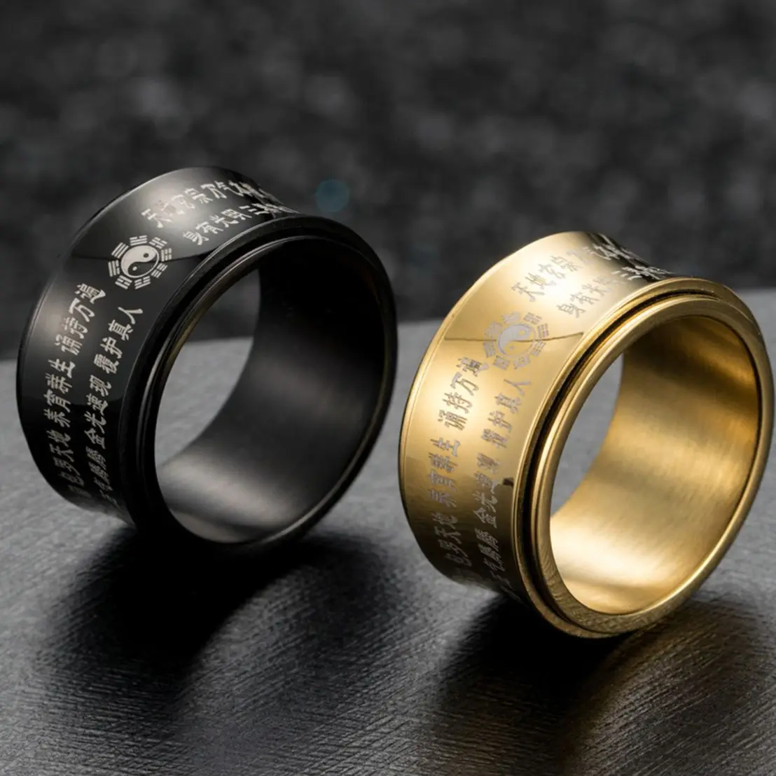 Bruce Buddha Solomon Lee Fuo Kongfu Stainless Steel Ring Rotating Jitter Toy Spinner Black Rings For Men Hurrem Sultan Jewelry