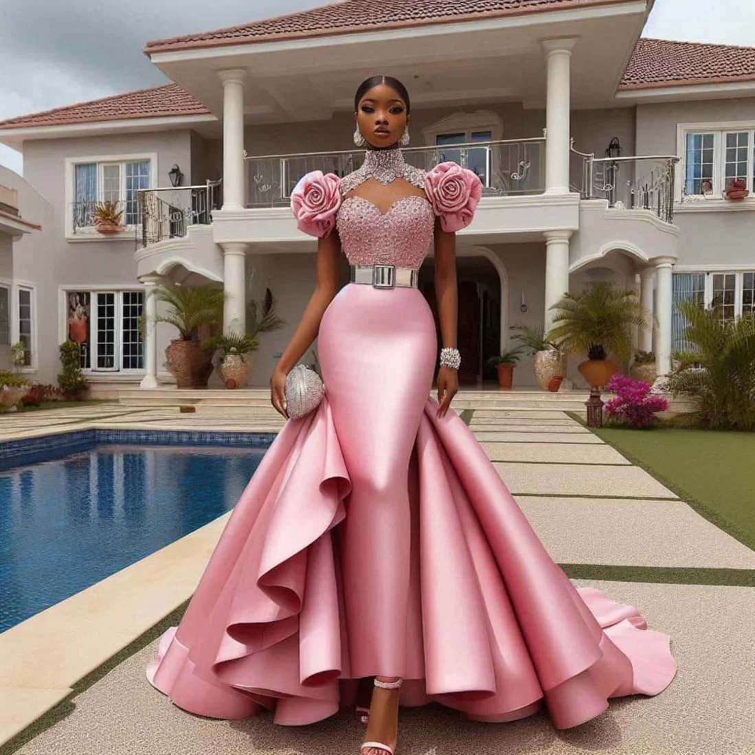

2025 Train High Neck Handmade Flowers Wedding Reception Dress Appliques Sequins Long Prom Gowns Pink Mermaid Evening Dresses